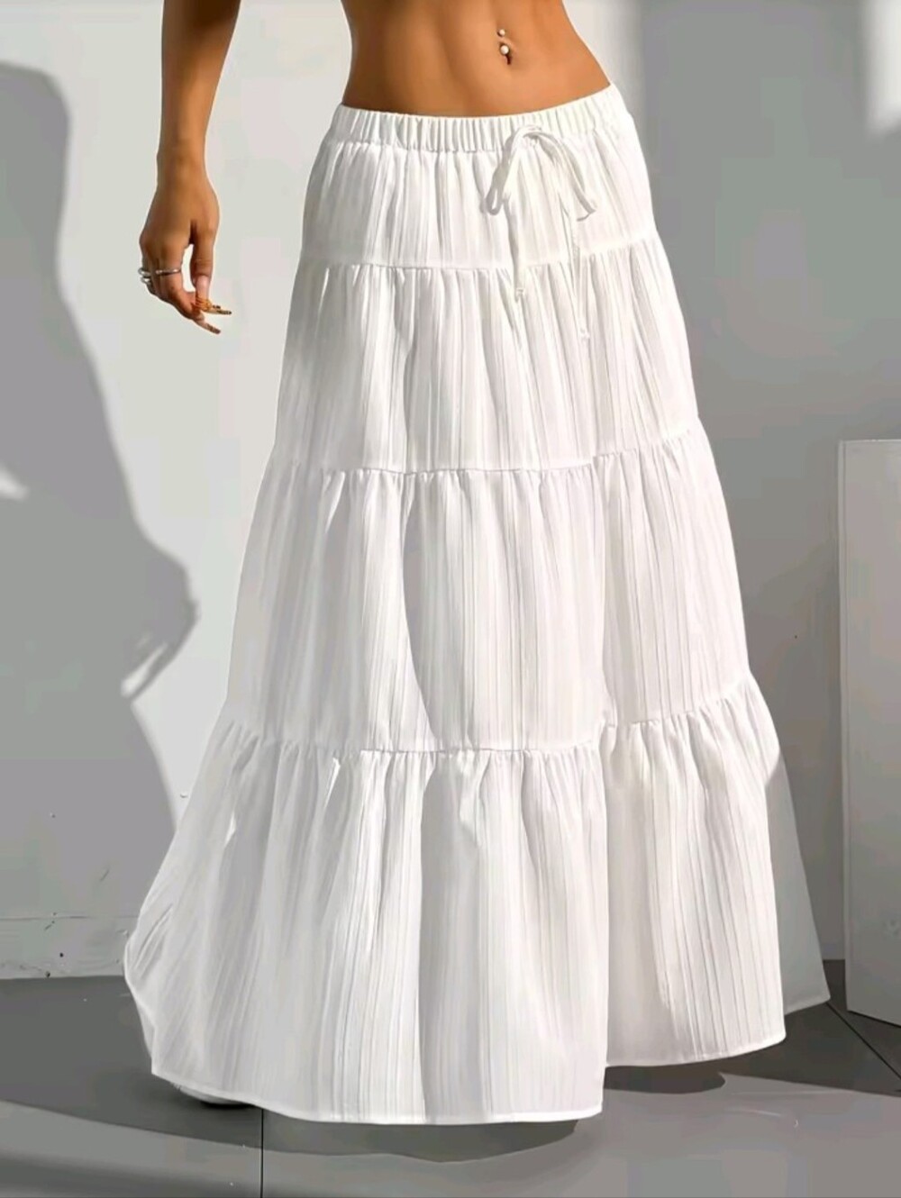 Women's White Tie-Strap Spliced Flared Skirts